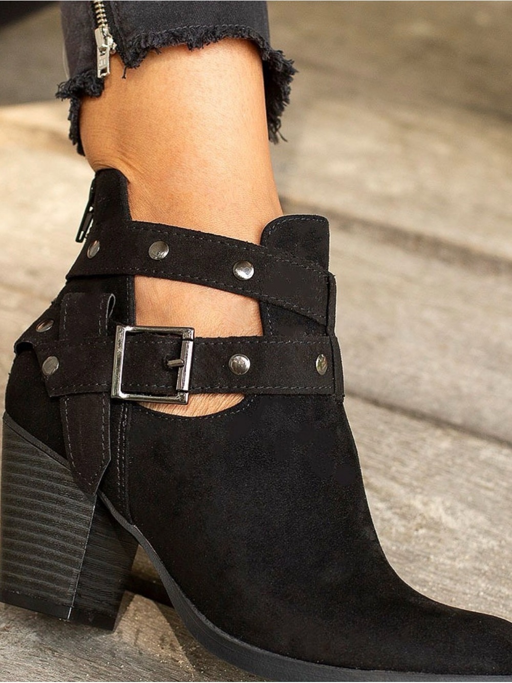 Women's Black Suede Ankle Booties with Buckle Strap Detail